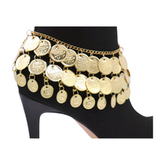 Women Gold Metal Chain Boot Bracelet Shoe Anklet Ethnic Coin Charms
