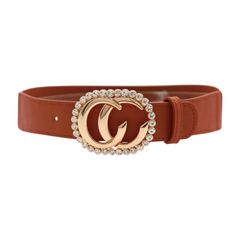 Brand New Women Brown Skinny Elastic Waistband Fashion Belt Gold Metal Bling Circle Buckle Size S M WB3