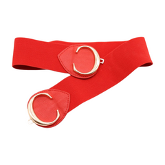 Brand New Women Red Elastic Waistband Fashion Belt Gold Metal C Buckle Size S M   WB4