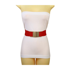 Brand New Women Red Elastic Waistband Fashion Belt Rectangle Gold Metal Buckle Size S M - WB6