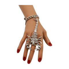 Women Silver Wrist Hand Chain Bracelet Scorpion Connected Ring One Size