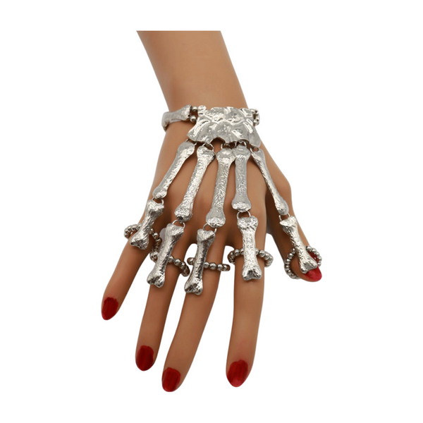 Women Silver Metal Hand Chain Bracelet Long 5 Finger Skeleton Ring