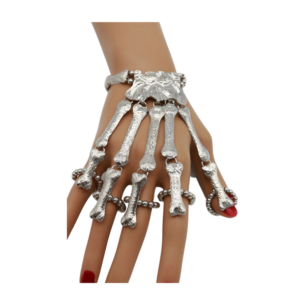 Women Silver Metal Hand Chain Bracelet Long 5 Finger Skeleton Ring