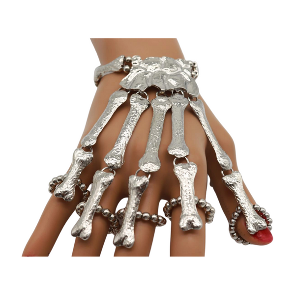 Women Silver Metal Hand Chain Bracelet Long 5 Finger Skeleton Ring