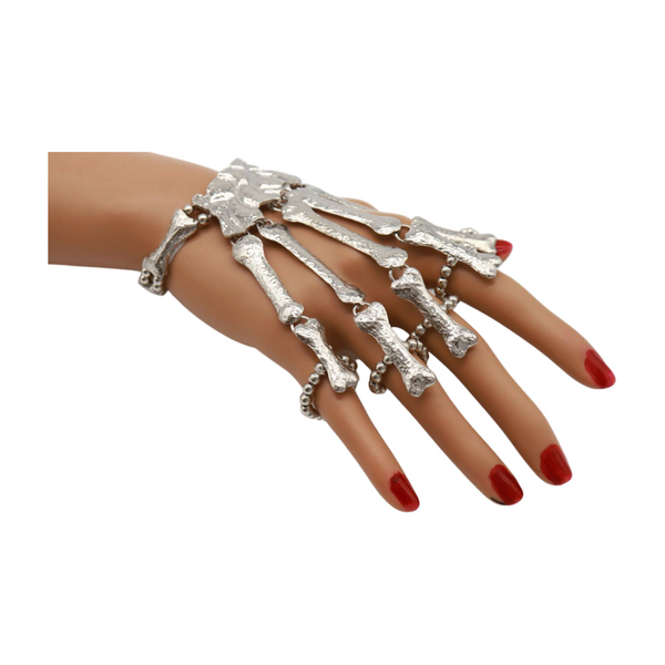 Women Silver Metal Hand Chain Bracelet Long 5 Finger Skeleton Ring
