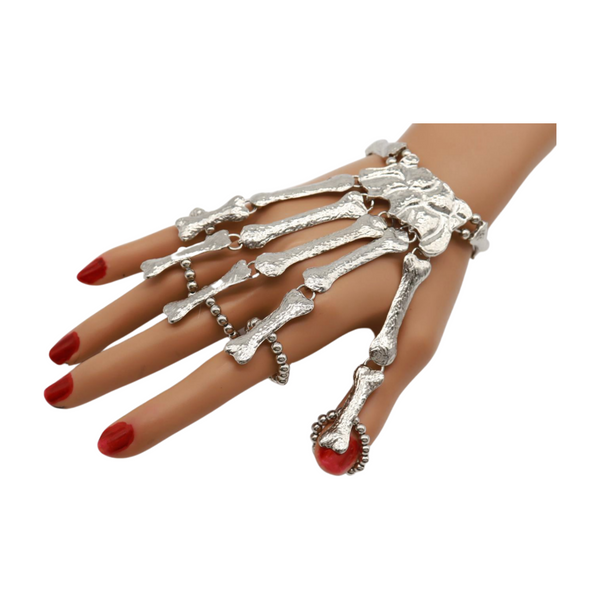 Women Silver Metal Hand Chain Bracelet Long 5 Finger Skeleton Ring