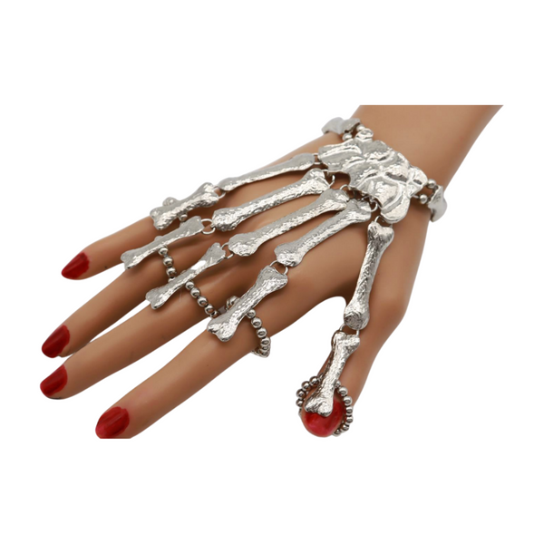 Women Silver Metal Hand Chain Bracelet Long 5 Finger Skeleton Ring