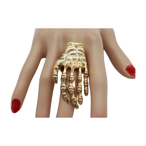 Women Gold Metal Ring Fashion Elastic Band Skeleton Bones Finger Hand