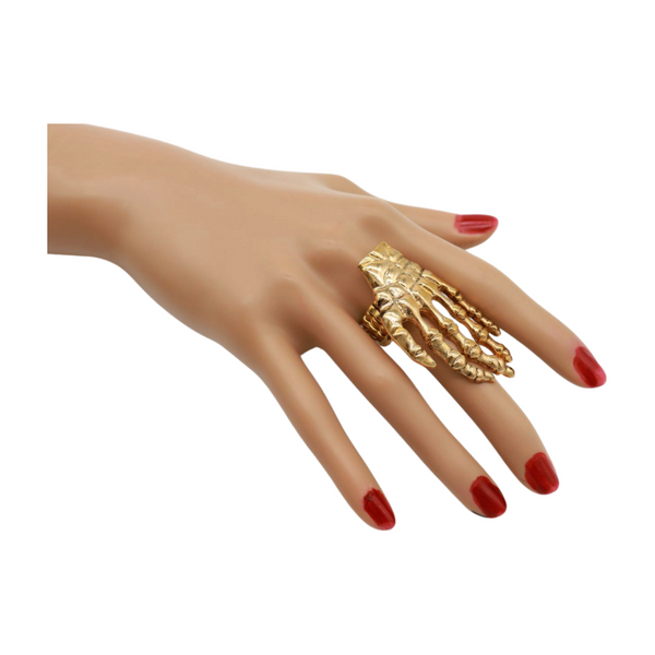 Women Gold Metal Ring Fashion Elastic Band Skeleton Bones Finger Hand