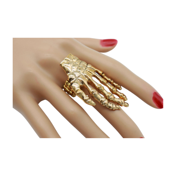 Women Gold Metal Ring Fashion Elastic Band Skeleton Bones Finger Hand