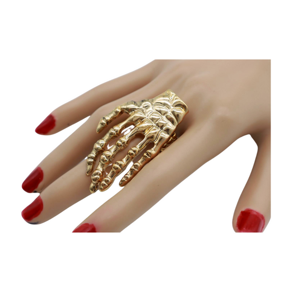 Women Gold Metal Ring Fashion Elastic Band Skeleton Bones Finger Hand