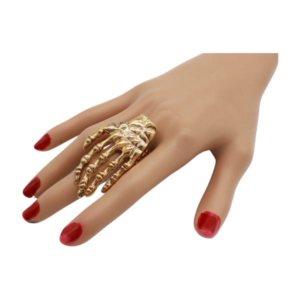 Women Gold Metal Ring Fashion Elastic Band Skeleton Bones Finger Hand