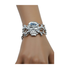 Women Silver Metal Bracelet Skeleton Skull Charm