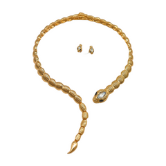 Women Gold Metal Wrap Around Short Snake Necklace + Earrings Set