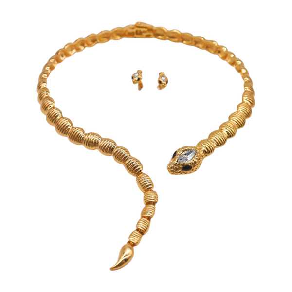 Women Gold Metal Wrap Around Short Snake Necklace + Earrings