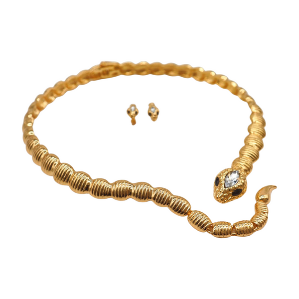 Women Gold Metal Wrap Around Short Snake Necklace + Earrings