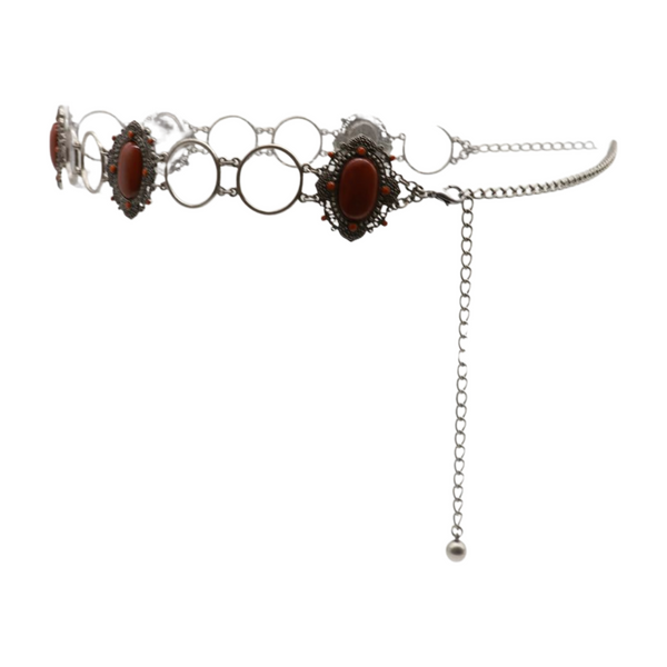 Brand New Women Antique Silver Metal Ethnic Belt Brown Flower Charm S M