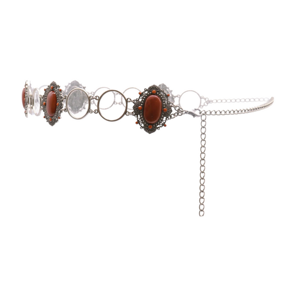 Brand New Women Antique Silver Metal Ethnic Belt Brown Flower Charm S M