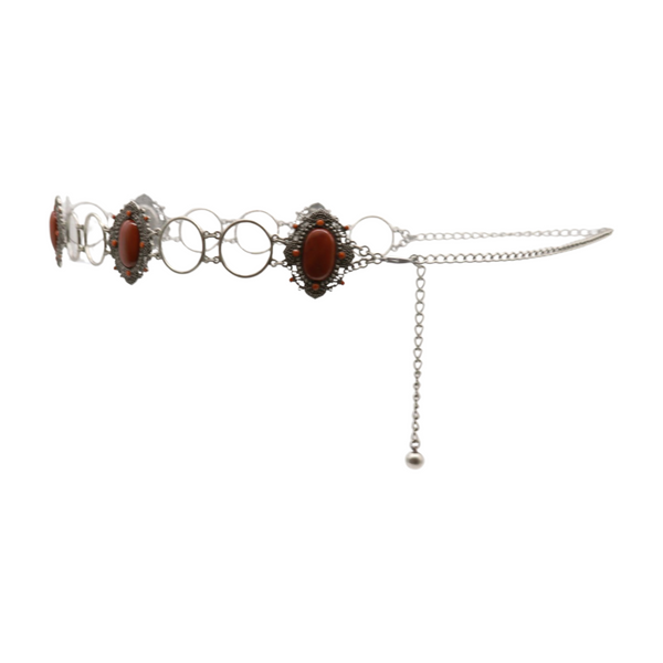 Brand New Women Antique Silver Metal Ethnic Belt Brown Flower Charm S M