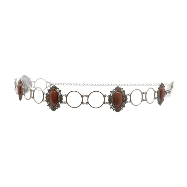 Brand New Women Antique Silver Metal Ethnic Belt Brown Flower Charm S M