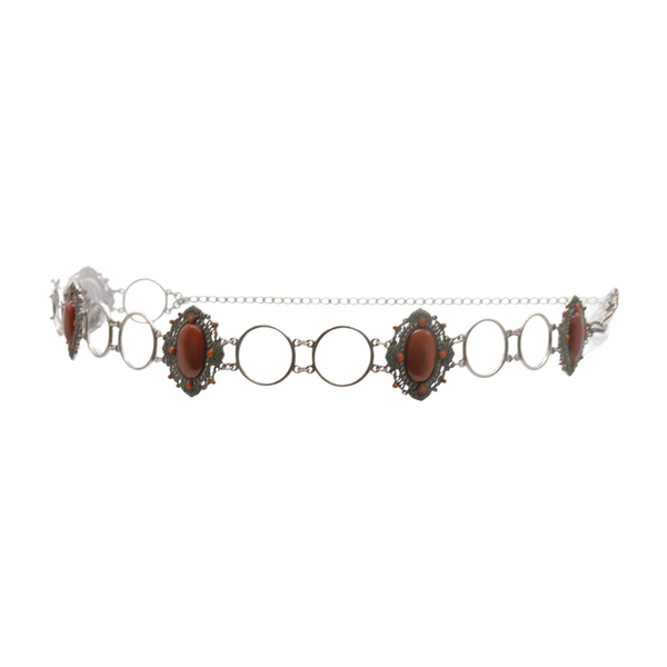 Brand New Women Antique Silver Metal Ethnic Belt Brown Flower Charm S M
