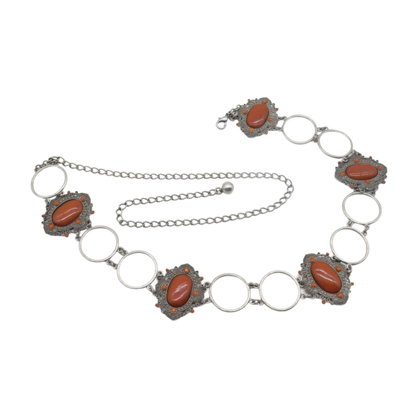 Brand New Women Antique Silver Metal Ethnic Belt Brown Flower Charm S M