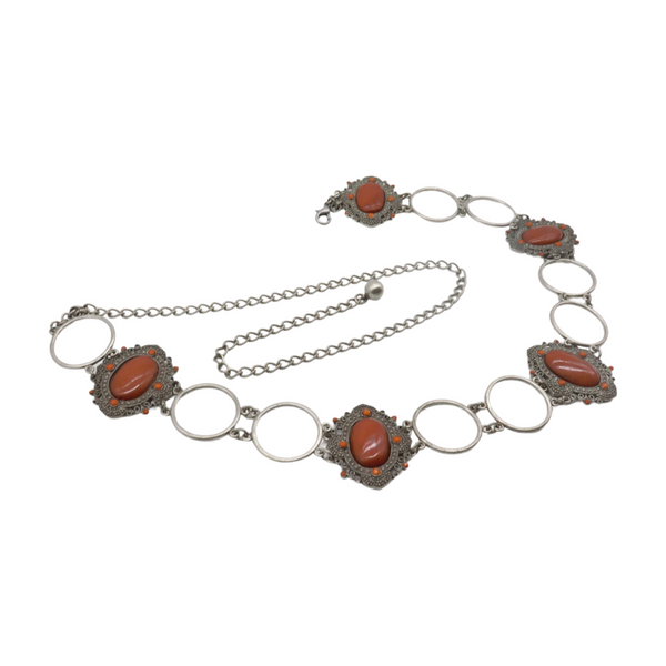 Brand New Women Antique Silver Metal Ethnic Belt Brown Flower Charm S M