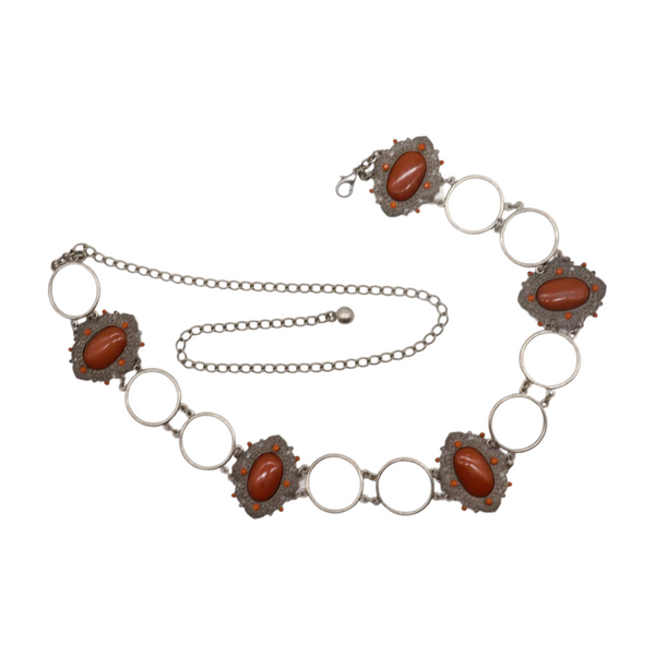 Brand New Women Antique Silver Metal Ethnic Belt Brown Flower Charm S M