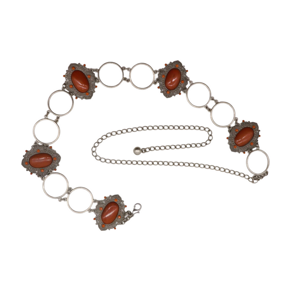 Brand New Women Antique Silver Metal Ethnic Belt Brown Flower Charm S M