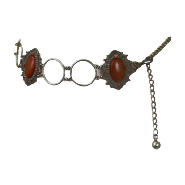 Brand New Women Antique Silver Metal Ethnic Belt Brown Flower Charm S M