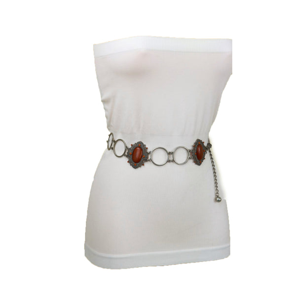 Brand New Women Antique Silver Metal Ethnic Belt Brown Flower Charm S M