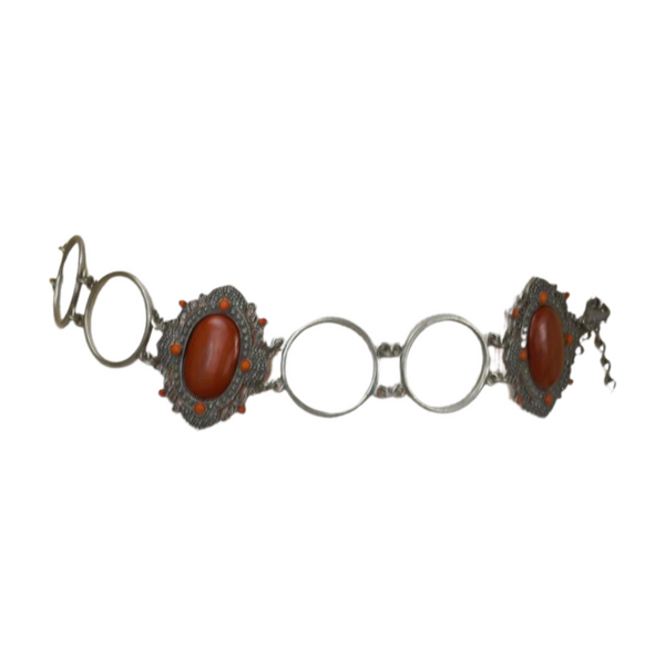 Brand New Women Antique Silver Metal Ethnic Belt Brown Flower Charm S M