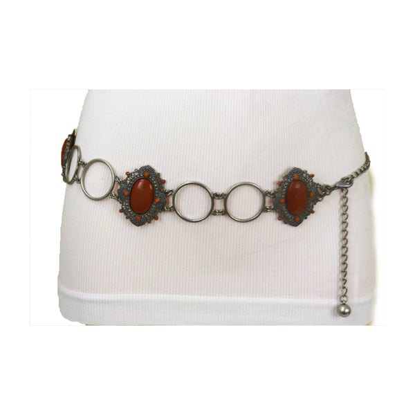 Brand New Women Antique Silver Metal Ethnic Belt Brown Flower Charm S M