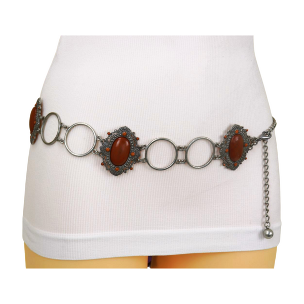 Brand New Women Antique Silver Metal Ethnic Belt Brown Flower Charm S M