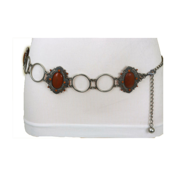 Brand New Women Antique Silver Metal Ethnic Belt Brown Flower Charm S M