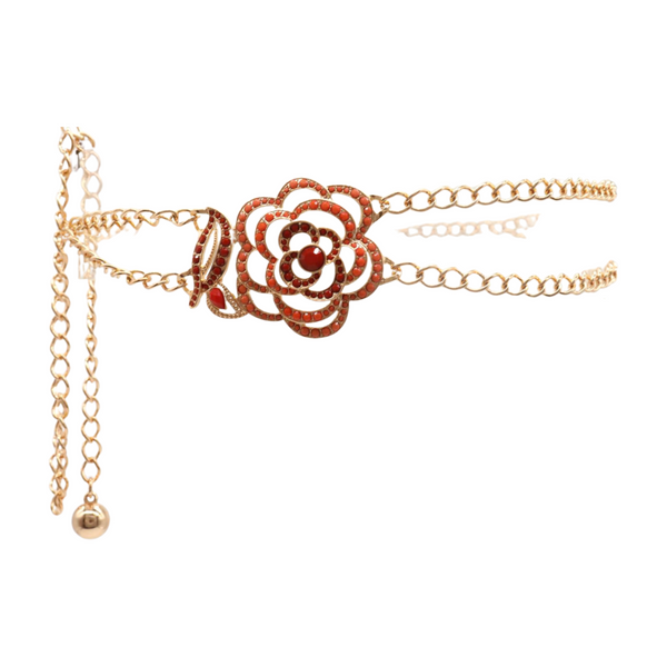 Brand New Women Gold Metal Chain Belt Hip High Waist Red Flower Charm S M