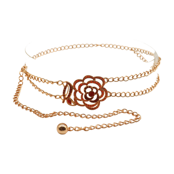 Brand New Women Gold Metal Chain Belt Hip High Waist Red Flower Charm S M