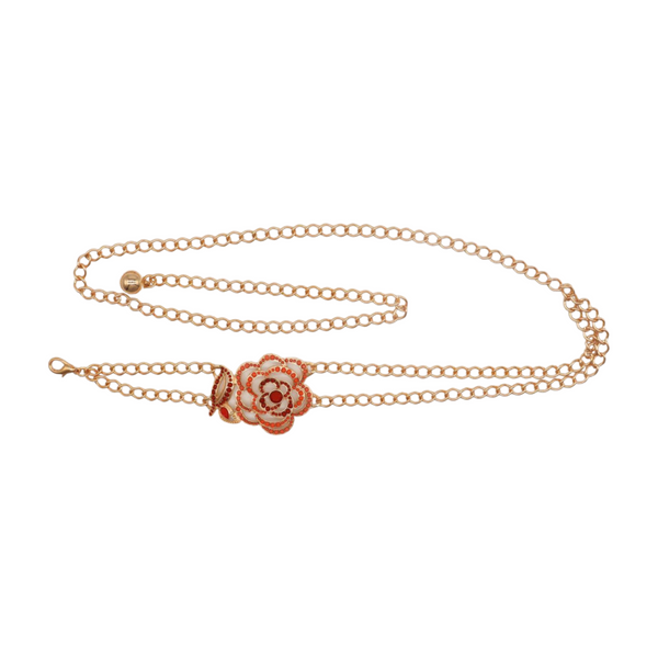 Brand New Women Gold Metal Chain Belt Hip High Waist Red Flower Charm S M