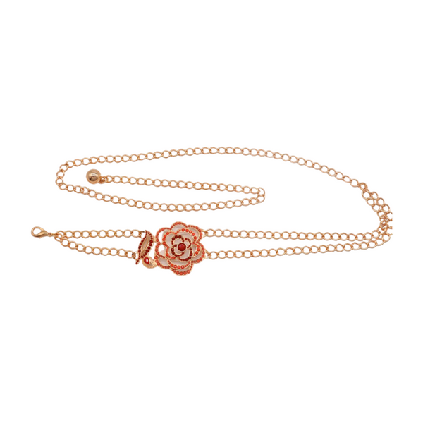 Brand New Women Gold Metal Chain Belt Hip High Waist Red Flower Charm S M