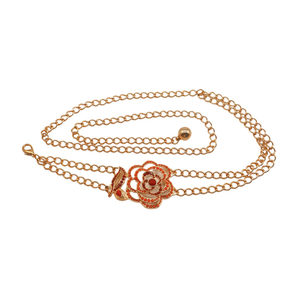 Brand New Women Gold Metal Chain Belt Hip High Waist Red Flower Charm S M