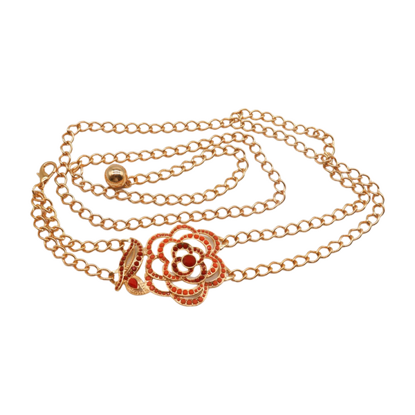 Brand New Women Gold Metal Chain Belt Hip High Waist Red Flower Charm S M