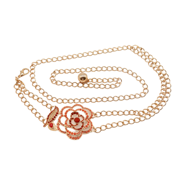 Brand New Women Gold Metal Chain Belt Hip High Waist Red Flower Charm S M