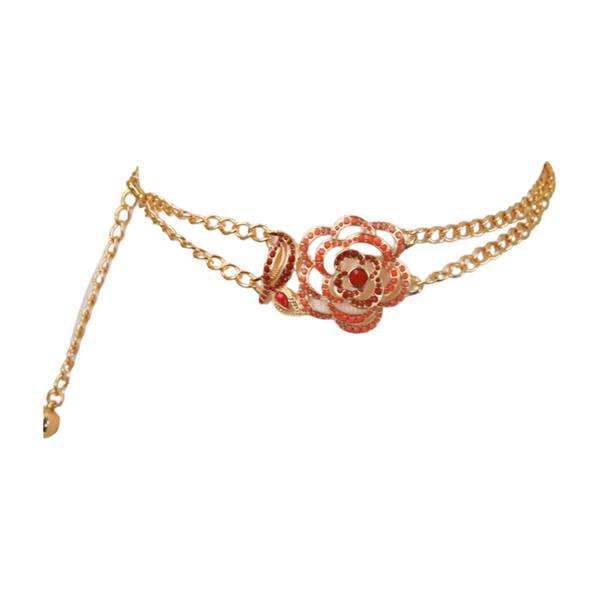 Brand New Women Gold Metal Chain Belt Hip High Waist Red Flower Charm S M