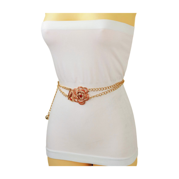 Brand New Women Gold Metal Chain Belt Hip High Waist Red Flower Charm S M