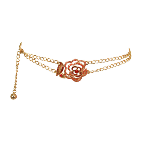 Brand New Women Gold Metal Chain Belt Hip High Waist Red Flower Charm S M