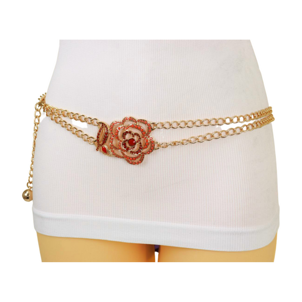 Brand New Women Gold Metal Chain Belt Hip High Waist Red Flower Charm S M