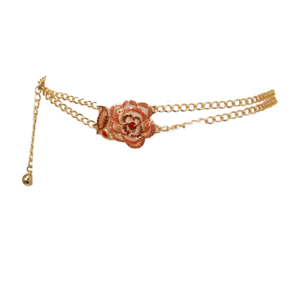 Brand New Women Gold Metal Chain Belt Hip High Waist Red Flower Charm S M