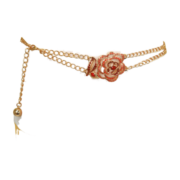 Brand New Women Gold Metal Chain Belt Hip High Waist Red Flower Charm S M