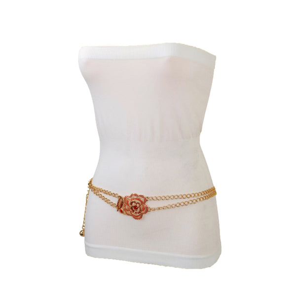 Brand New Women Gold Metal Chain Belt Hip High Waist Red Flower Charm S M