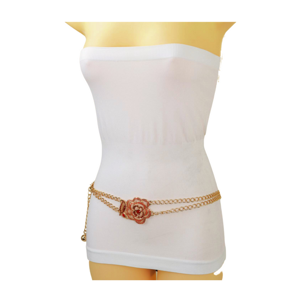 Brand New Women Gold Metal Chain Belt Hip High Waist Red Flower Charm S M